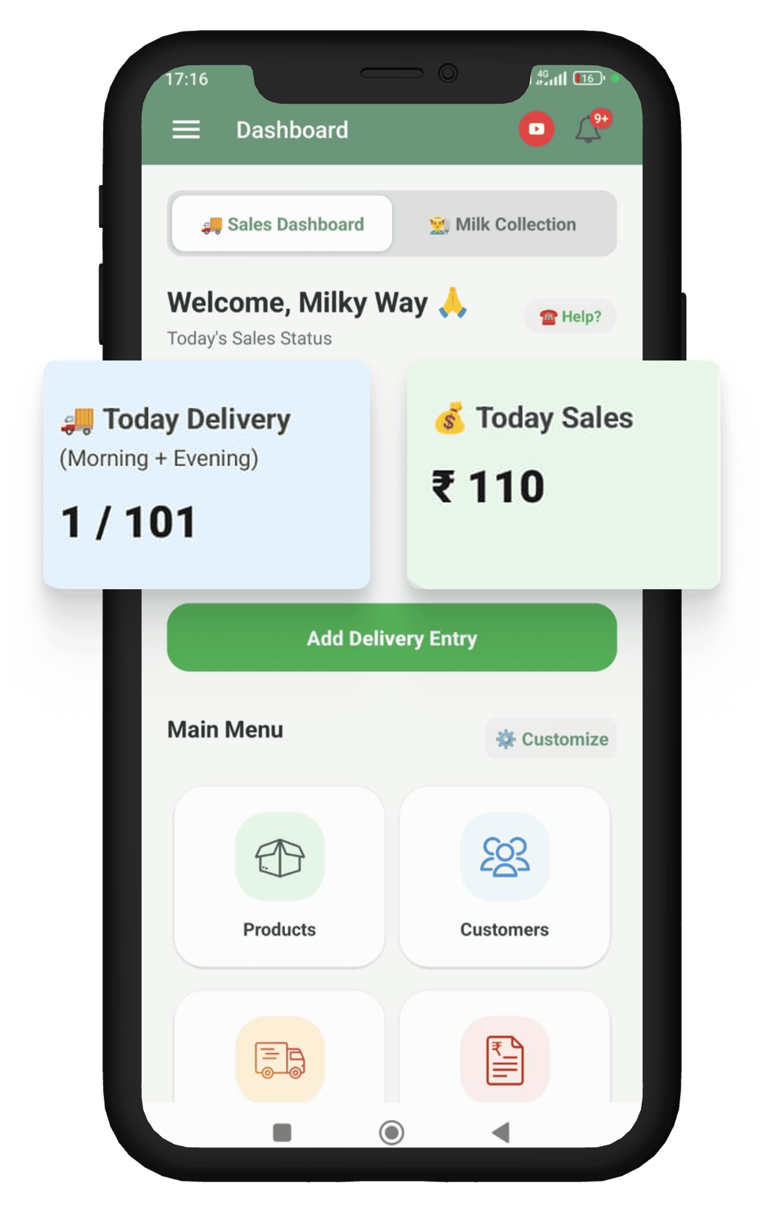 Simple Dairy dairy management software — daily dashboard with milk delivery count, today sales and quick actions